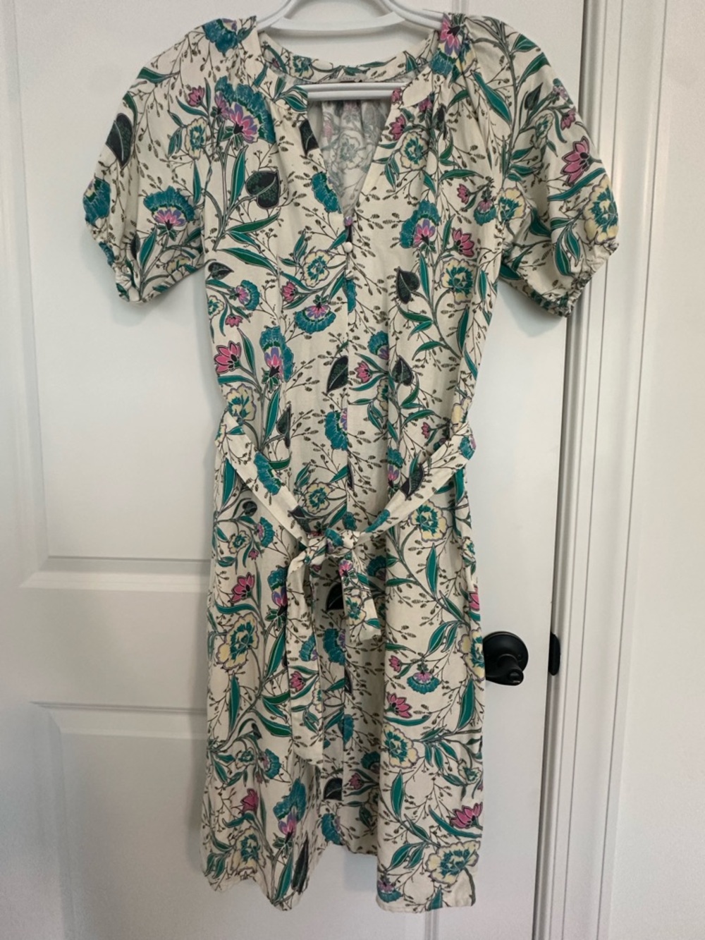 LOFT Cream Floral Midi Dress with Teal & Pink Accents